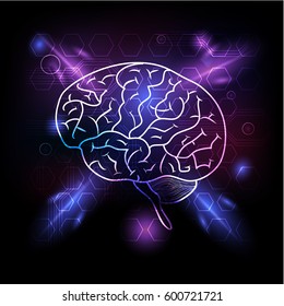 Icon of simple human brain, situated on blue, violet abstract glowing light background
