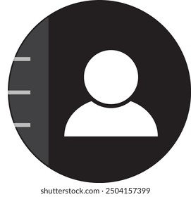 El icono es un diseño sencillo y monocromo de una libreta de contactos. El libro en sí es una forma rectangular con bordes ligeramente redondeados, representados en negro sólido con un contorno blanco para crear contraste. 