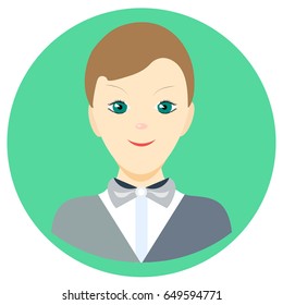 Icon singer in a flat style. Vector image on a round colored background. Element of design, interface. Image in the cartoon style