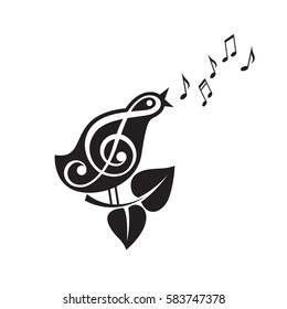 Icon of singing bird with beak and notes. Vector illustration