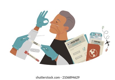Icon for sites. The doctor takes the PCR test from the patient, analysis, documents and certificates. Vector, cartoon, isolated on white background.