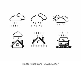 icon Six line drawings of rain clouds, houses, and cars.
 ideal for childrens coloring books, weather illustrations, and educational materials.