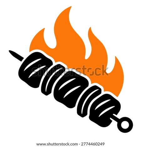 Icon of a skewer with pieces of meat or vegetables, grilled with flames in the background, symbolizing BBQ or shashlik.