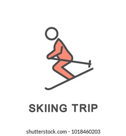 Icon skiing. Skiing hardens the body and develops muscles. The thin contour lines with color fills.