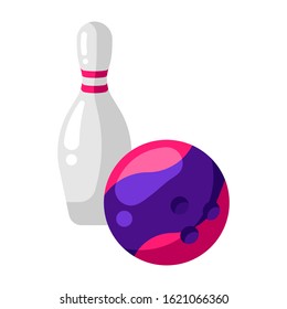 Icon of skittle and bowling ball in flat style. Stylized sport equipment illustration.
