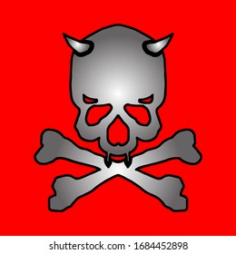 Icon of a skull with horns and fangs biting the crossbones against red background for Halloween concept. Vector illustration.