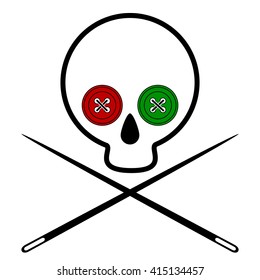 Icon skull voodoo. Skull with eye sockets sewn into place with colored buttons. Crossed needle. White background. Isolated. Vector Image.