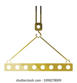 Icon of slab hanged on crane hook by rope slings . Flat color design. Vector illustration.