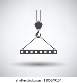 Icon of slab hanged on crane hook by rope slings  on gray background, round shadow. Vector illustration.