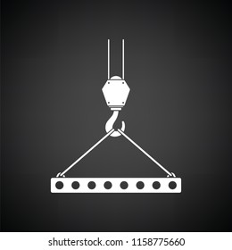 Icon of slab hanged on crane hook by rope slings . Black background with white. Vector illustration.