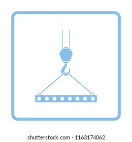 Icon of slab hanged on crane hook by rope slings . Blue frame design. Vector illustration.