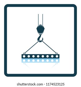 Icon of slab hanged on crane hook by rope slings . Shadow reflection design. Vector illustration.