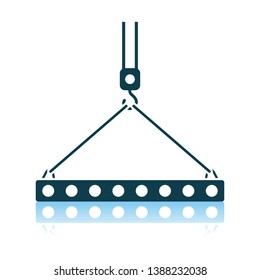 Icon Of Slab Hanged On Crane Hook By Rope Slings. Shadow Reflection Design. Vector Illustration.