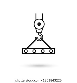 Icon of slab hanged on crane hook by rope slings