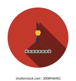 Icon Of Slab Hanged On Crane Hook By Rope Slings. Flat Circle Stencil Design With Long Shadow. Vector Illustration.