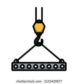 Icon Of Slab Hanged On Crane Hook By Rope Slings. Editable Bold Outline With Color Fill Design. Vector Illustration.
