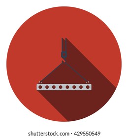 Icon of slab hanged on crane hook by rope slings . Flat design. Vector illustration.