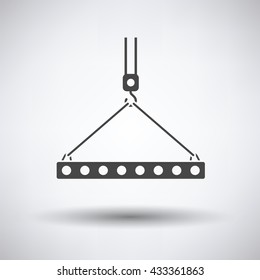 Icon of slab hanged on crane hook by rope slings  on gray background with round shadow. Vector illustration.