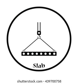 Icon of slab hanged on crane hook by rope slings . Thin circle design. Vector illustration.