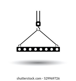 Icon of slab hanged on crane hook by rope slings . White background with shadow design. Vector illustration.