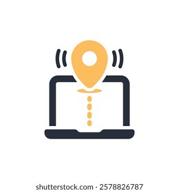 The icon is a sleek vector design symbolizing ondemand location services, featuring a laptop with a location pin, emphasizing digital navigation and connectivity in todays world