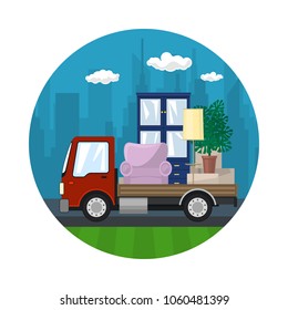 Icon with Small Truck, Lorry is Transporting Furniture on the Background of the City, Transport Services and Logistics, Shipping and Freight of Goods, Vector Illustration