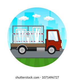 Icon of Small Truck with Windows on the Background of the City, Transport Services and Logistics, Shipping and Freight of Goods, Vector Illustration