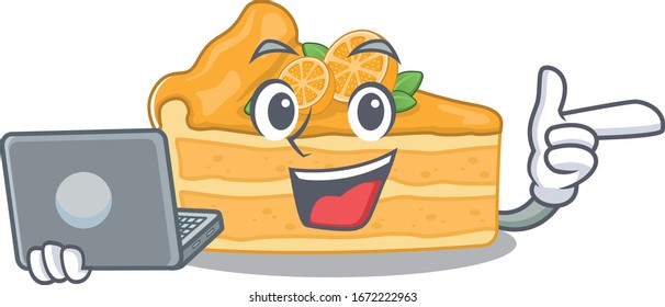 Icono de naranja de tarta de queso inteligente que trabaja con portátil