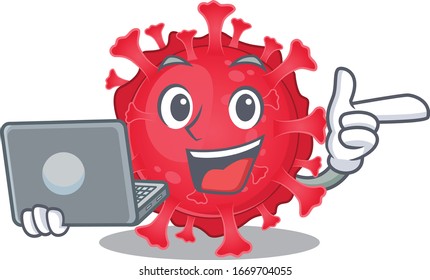 An icon of smart coronavirus substance working with laptop