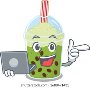 An icon of smart matcha bubble tea working with laptop