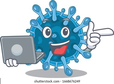 An icon of smart microscopic corona virus working with laptop