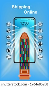 Icono de las aplicaciones de teléfonos móviles inteligentes, los clientes pueden pedir productos y servicios de compras de envío en línea, envío, contenedores de transporte, logística comercial en la ilustración vectorial de la vista superior