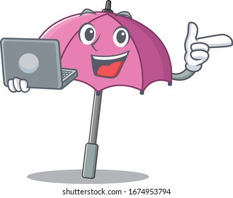 An icon of smart pink umbrella working with laptop