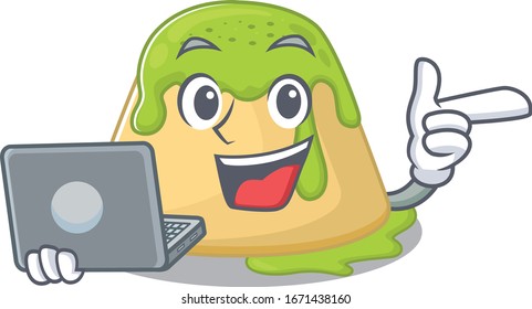 An icon of smart pudding green tea working with laptop