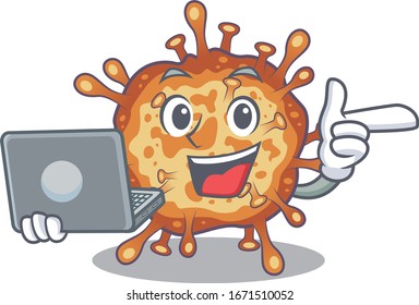 An icon of smart retro virus corona working with laptop