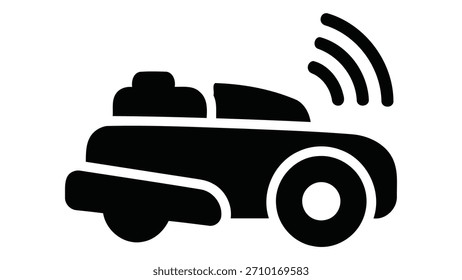 Ícone de um cortador de grama robótico inteligente autonomamente cortando grama de forma eficiente com ondas de sinal sem fio emanando