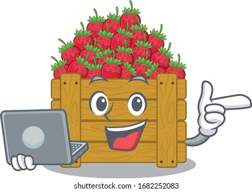 An icon of smart strawberry fruit boxworking with laptop
