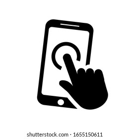 Icon smartphone in flat style isolated on white background. Mobile phone with hand symbol. Simple abstract click sign in black. Vector illustration 