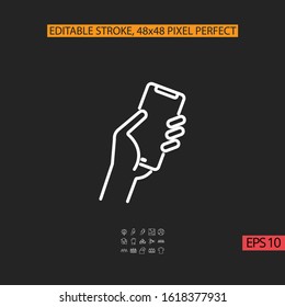Icon smartphone in hand vector design template, editable stroke 48x48 pixel perfect