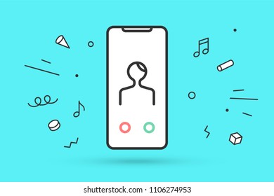 Icon of smartphone with incoming call. White phone in line graphic. Icon of phone isolated on a blue mint background and explosive memphis graphic element. Vector Illustration