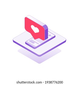 Icon smartphone with like, isometric design infographic