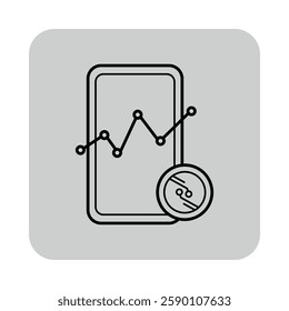 Icon of smartphone with line chart, indicating cryptocurrency trends, alongside gauge for performance metrics. Data tracking concept