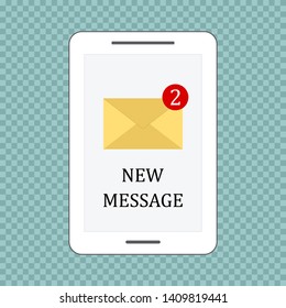 Icon smartphone with new email or sms message. Vector illustration in flat design on transparent background.