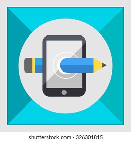 Icon of smartphone with pencil coming through screen
