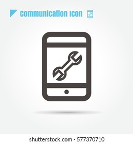 icon Smartphone repair with wrench. Vector flat mobile phone outline design on white background.