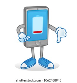 Icon smartphone tablet show thumb down. phone with discharged battery accumulator without energy problem need help repair service. Modern vector illustration flat design cartoon character technology.