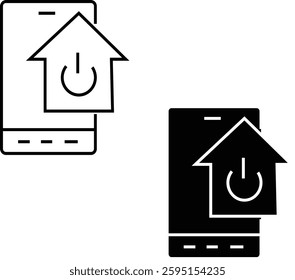 Icon of a smartphone with an upward arrow through a power symbol, representing energy management or eco-friendly technology upgrades with transparent background.