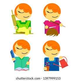 Icon, smile, vector on white background, girl chef with rolling pin and dough , girl hairdresser with scissors and comb, girl with phone and Notepad and girl watering flowers