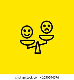 Icon of Smiley Emoticons on Scales. Positive, negative, emotion. Happiness versus sadness concept. Can be used for topics like pros and cons, opinion, comparison.