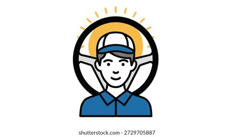 Icono del conductor sonriente, con la rueda y el halo de oro